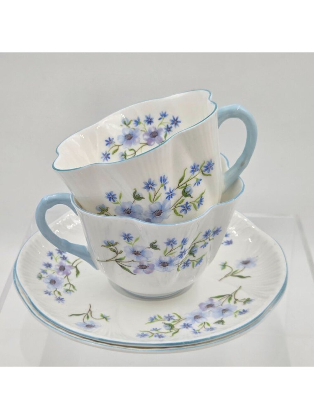 Shelley Blue Rock Dainty Set of 2 Flat Cup and Saucer Set Blue Trim Bone China - Picture 2 of 13